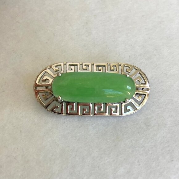 Sterling Silver 925 Oval Green Stone Greek Key Cut Out Brooch - Picture 16 of 16